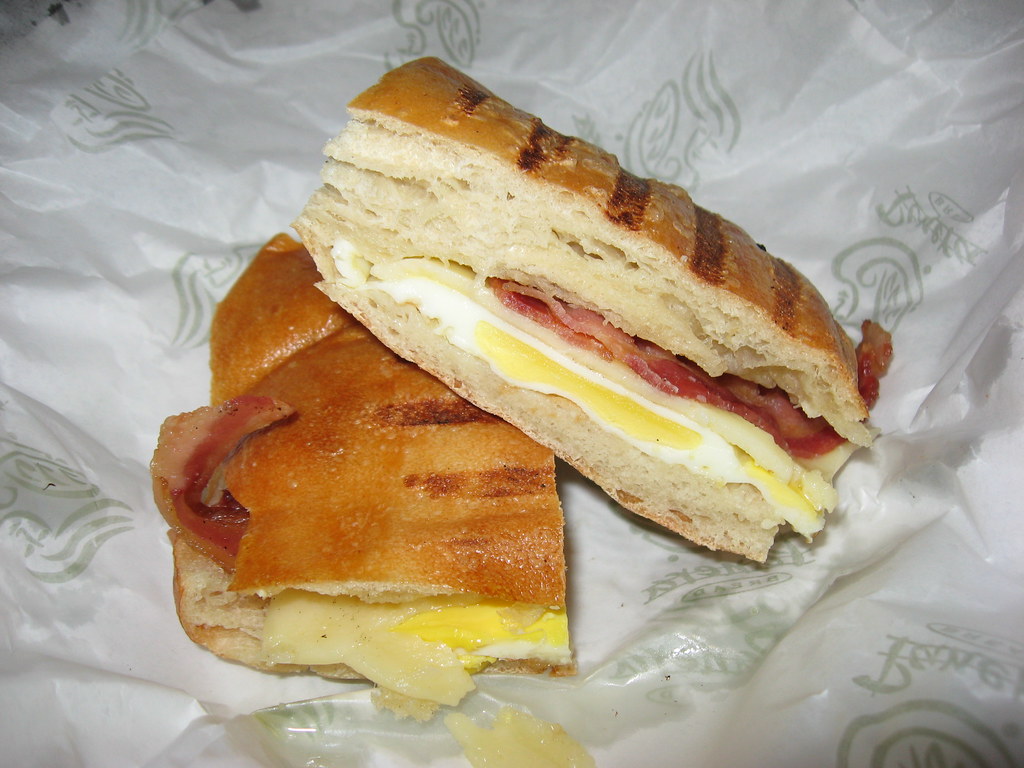 Panera Bread Bacon, egg and cheese grilled breakfast sand