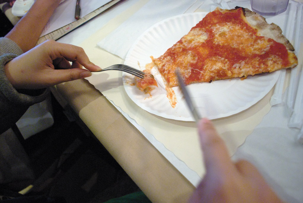 Joe & Pat's Pizza with a knife and fork. Adam Kuban Flickr