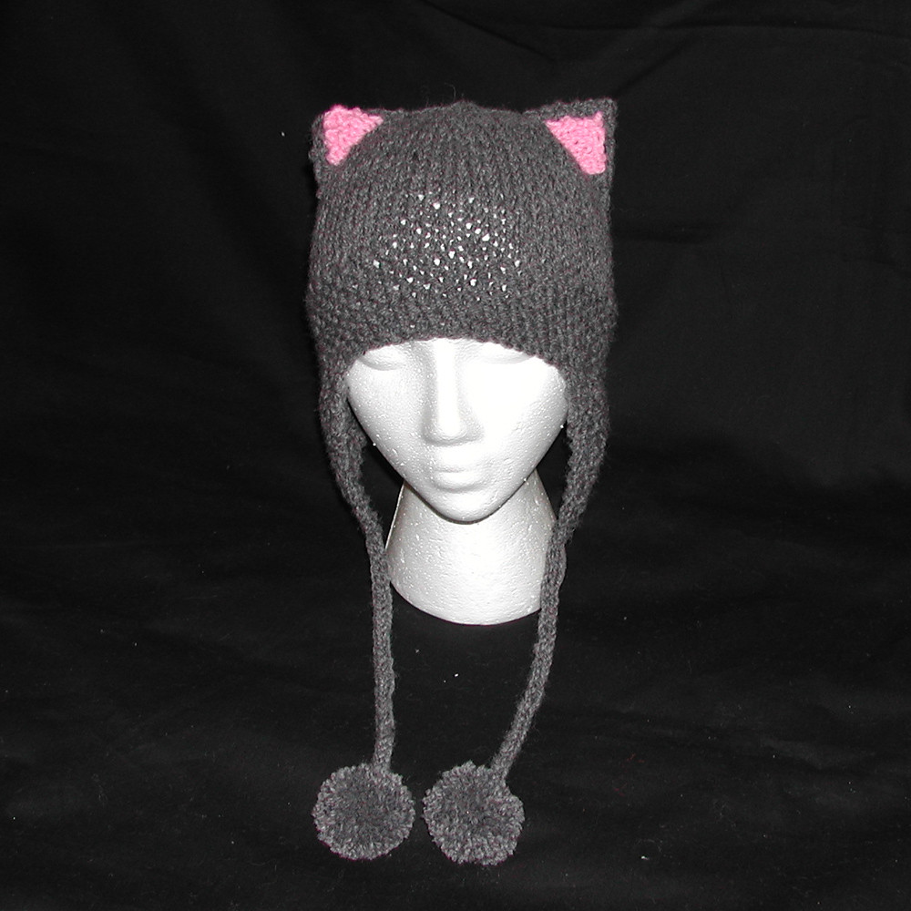 Charcoal Gray Cat Knit Kitty Hat with Kitty Ears and Earfl