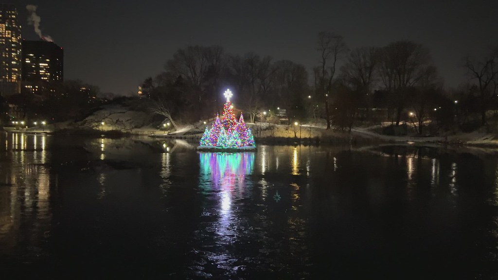 Central Park NYC USA Christmas Tree Lighting at the Harlem Meer Lake