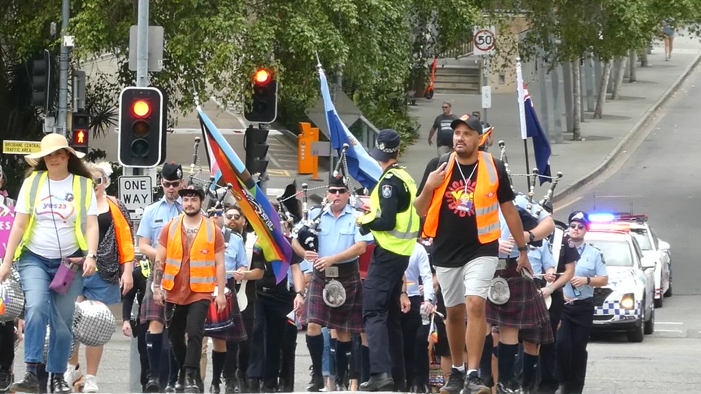 Police bagpipe band in the Brisbane Pride march September