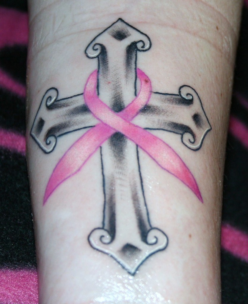 Breast Cancer Ribbon And Cross Tattoo