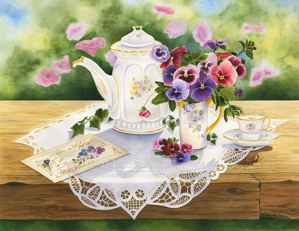 Victorian Teapot and Pansies 22" x 30" Watercolor Origin… Flickr