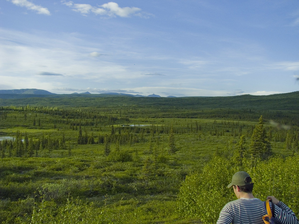 The Wonder Lake campground can be seen on hill at left. Flickr
