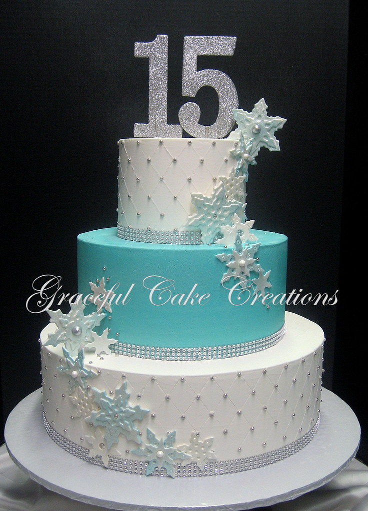 Elegant White and Tiffany Blue Quinceanera Cake accented w… Flickr