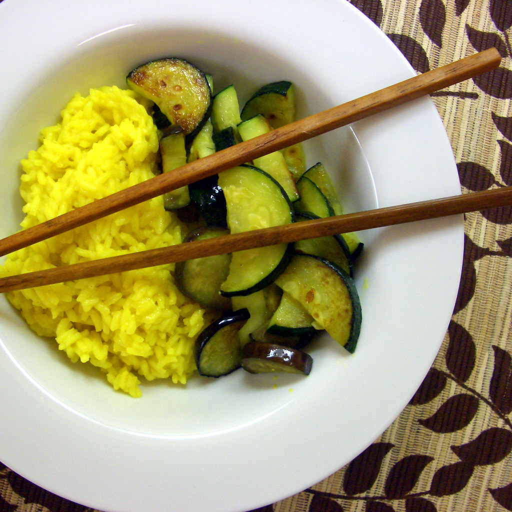 eggplant zucchini stir fry with saffron rice Emily Flickr