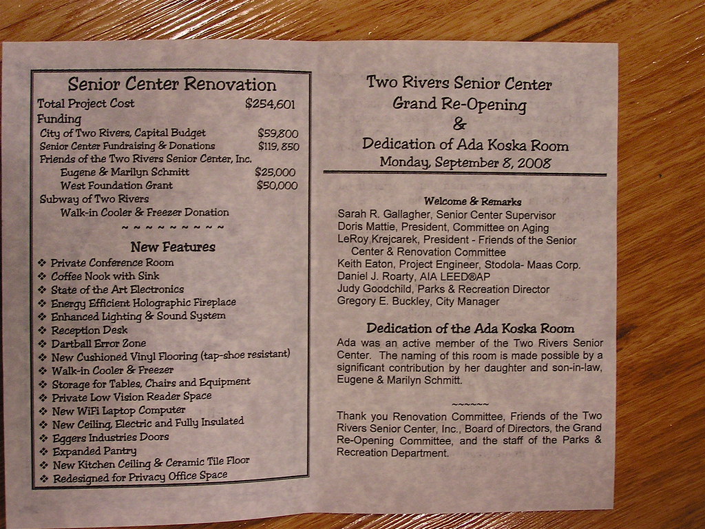 Agenda Two Rivers Senior Center Grand ReOpening and Dedic… Flickr