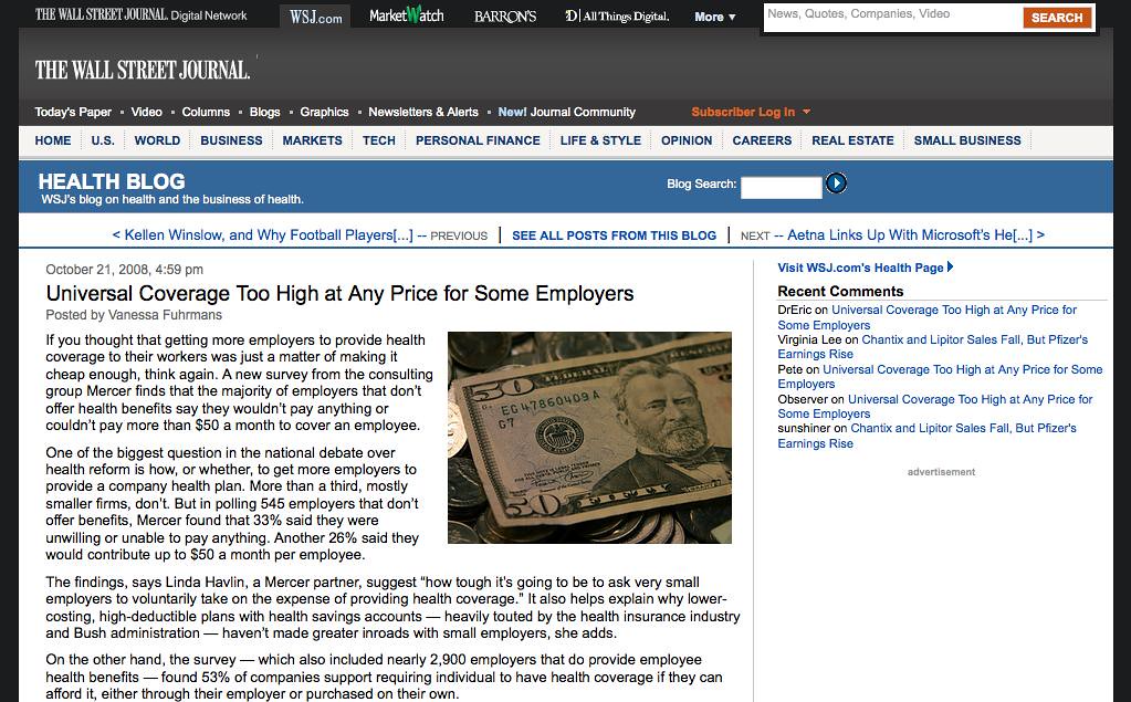 Wall Street Journal Health Blog Universal Coverage too Hi… Flickr