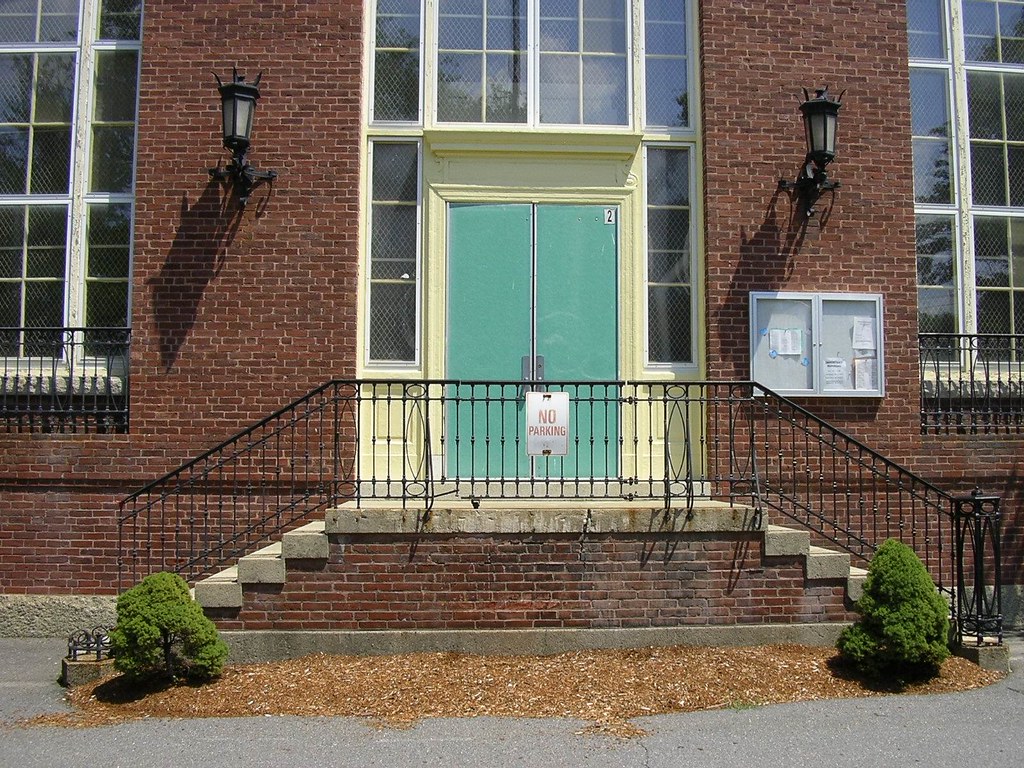 Greenwood School front center doors Lucius Beebe Memorial Library