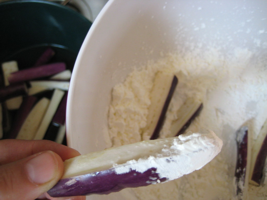 Eggplant strips dip Coated in cornstarch, fried and then … Flickr