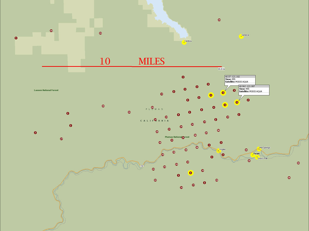 Wildfires detected by NOAA satellite in Plumas National Forest