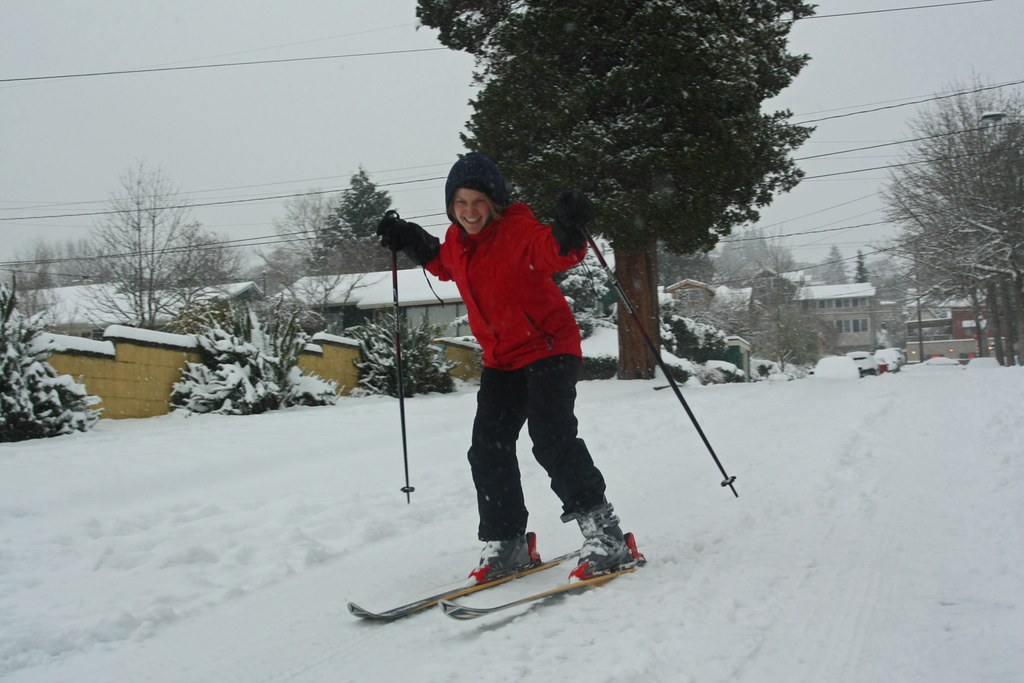 Skiing...in Fremont. Sarah happily skis down the street. Megan Flickr