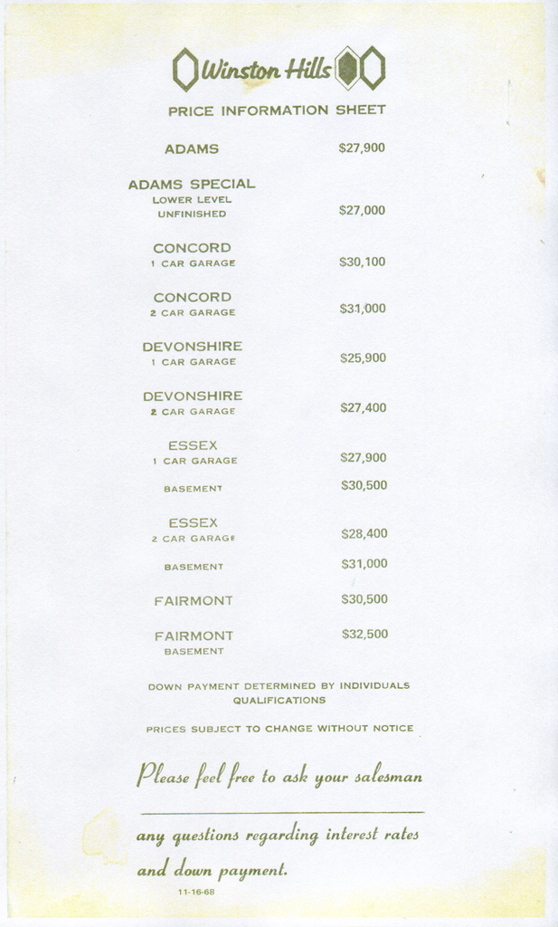Price Sheet Original Winston Hills price sheet. Woodridge Public