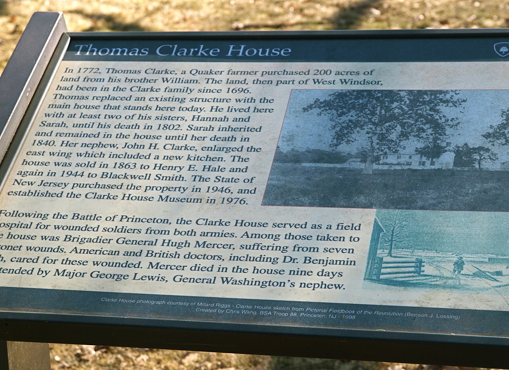 Marker for Thomas Clarke House, Princeton Battlefield State Park a
