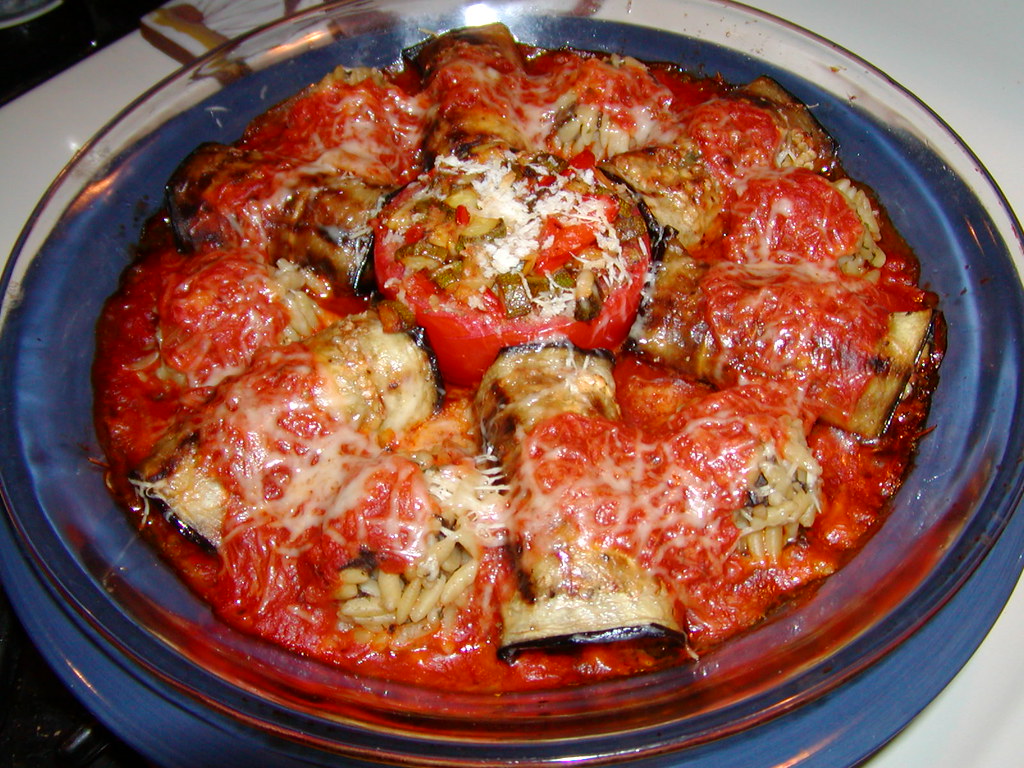 pesto stuffed grilled eggplant rollups, porcini/orzo ball… Flickr