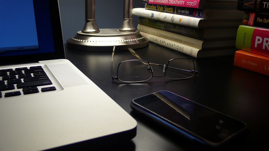 My Desk My Desk MacBook Pro, Glasses, iPhone, Books Tuft… Flickr