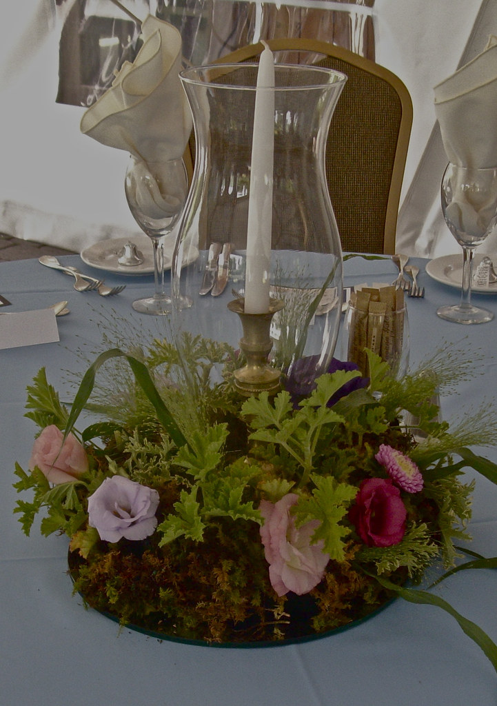 hurrican lamp centerpiece Moss base with scented geranium,… Flickr