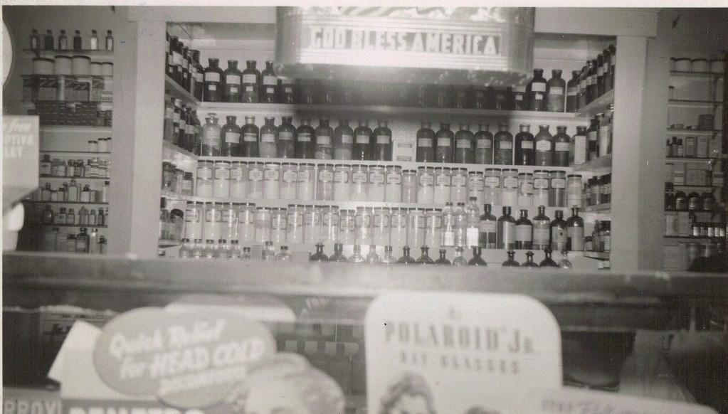 Pill collection inside the Montgomery Pharmacy, Warren, Ohio, circa
