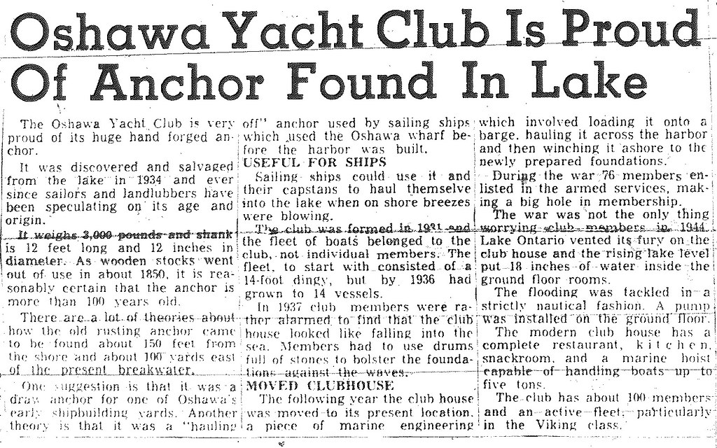 15 Apr 1956 Yacht club has salvaged anchor The Oshawa Ya… Flickr