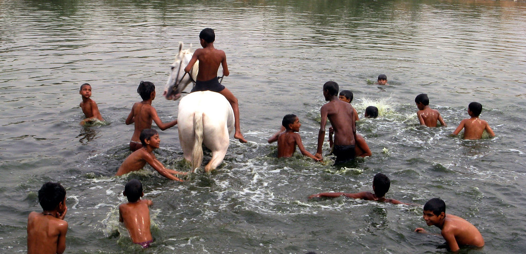 Swimming in Sewage Children play and swim in a sewage pond… Flickr
