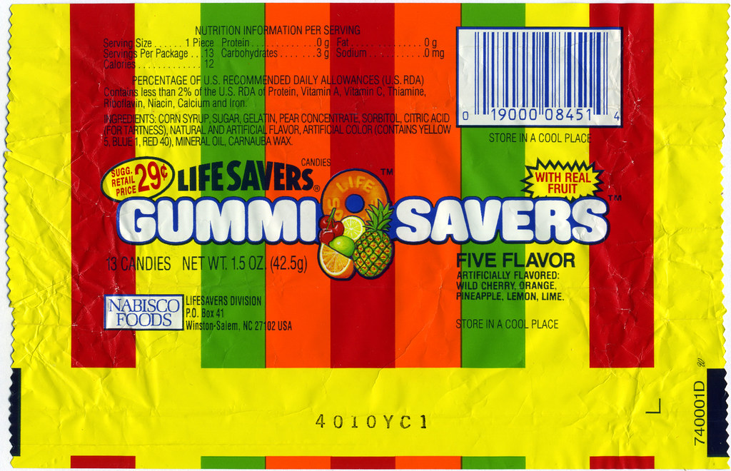 All sizes Life Savers Gummi Savers Five Flavor wrapper 1990's