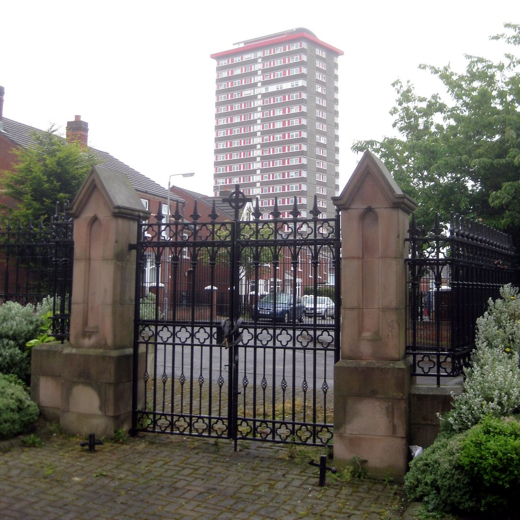 Belfast St. Peter's Cathedral gates & the Divis Flats Flickr