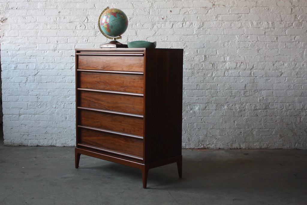Pure Mid Century Modern Lane Rhythm Tall Walnut Dresser Chest of