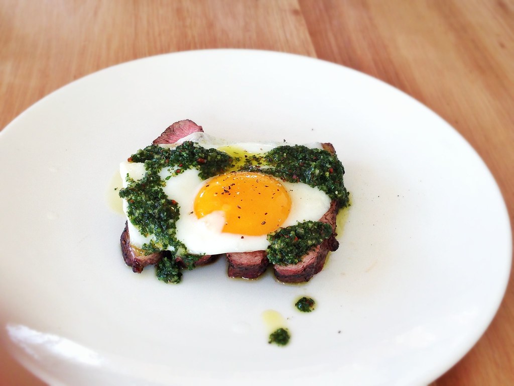 Flank steak, chimichurri, fried egg Bucato, Culver City CA… Flickr