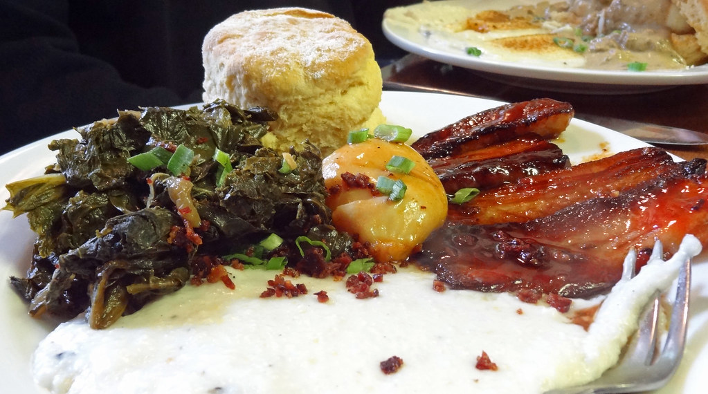 Pork belly, collard greens and grits at Green Goddess Flickr
