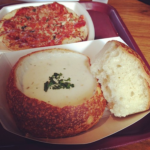 Clam chowder in bread with pizza PinkZ Inlove Flickr