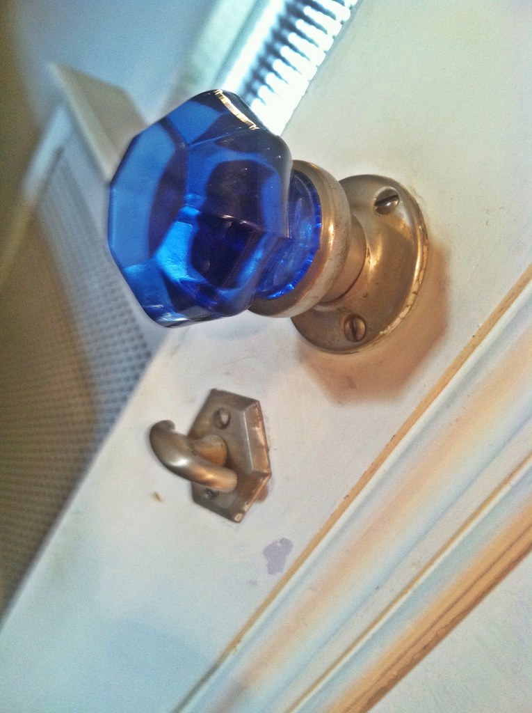 Spanish Colonial, purple glass doorknob, bathroom Eli & AnneMarie