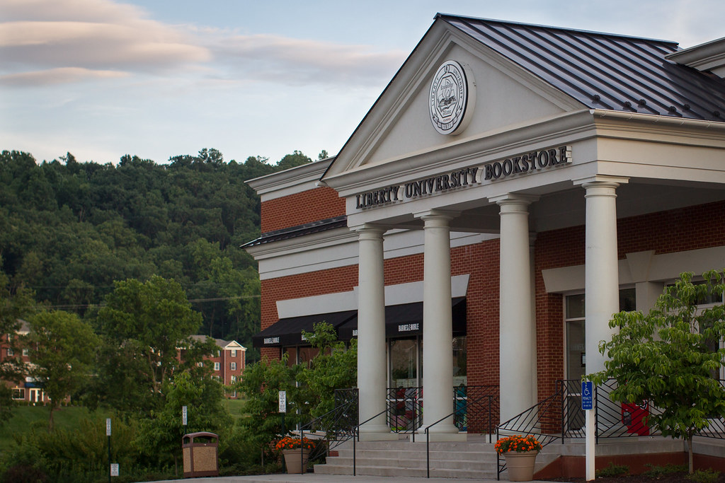 The Liberty University Bookstore is photographed at sunset