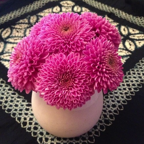 Pink Chrysanthemums in French honey jar on batik cloth. Flickr