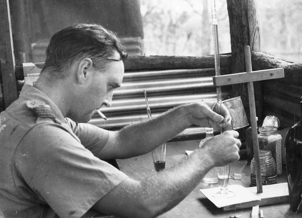An improvised laboratory used by a medical officer at a Medical