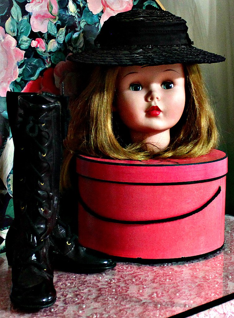 Vintage girl's black straw hat/doll head/hat box/laceup b… Flickr