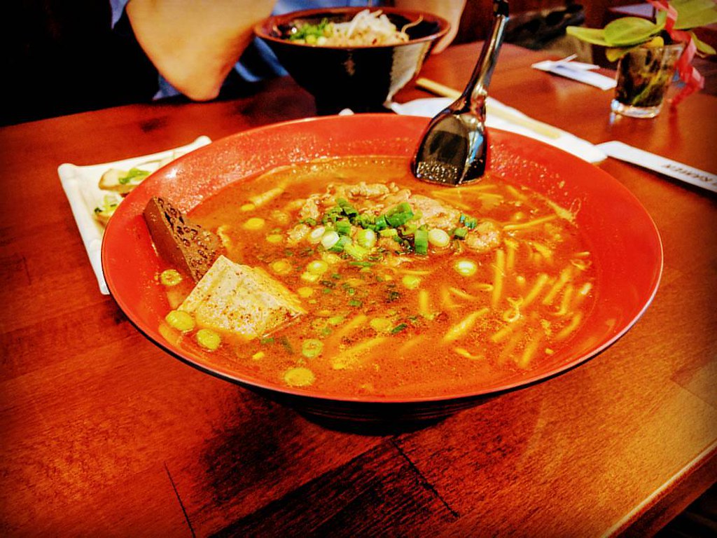 Spicy broth ramen with beef, tofu, duck, bean sprouts and … Flickr