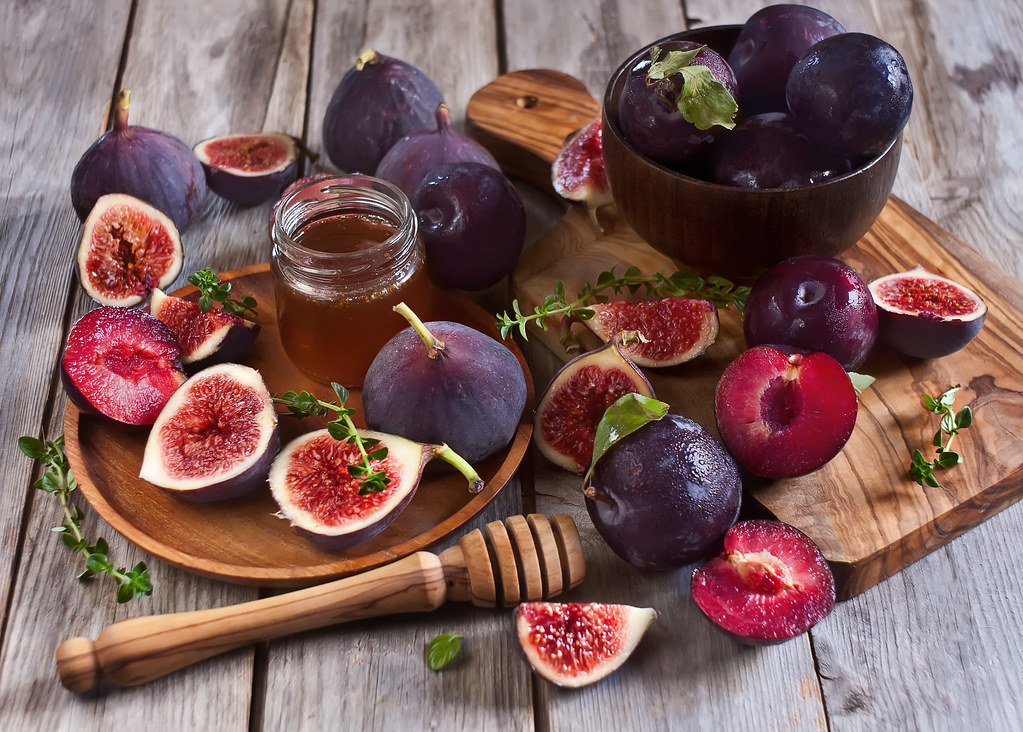 Figs, plums and honey Ripe purple figs, plums, thyme and h… Flickr