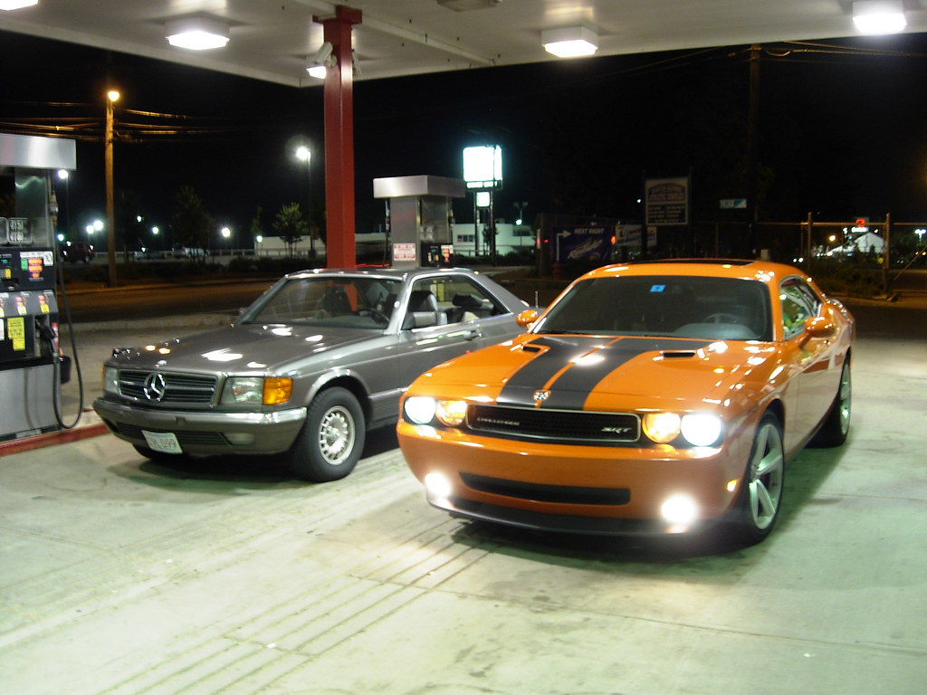 1984 Mercedes Benz W126 coupe with 2009 Dodge Challenger