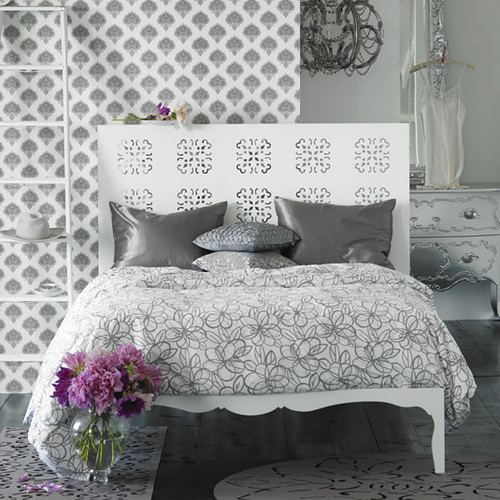 Bedding, Headboard, Nightstands, Wall hanging behind bed Flickr