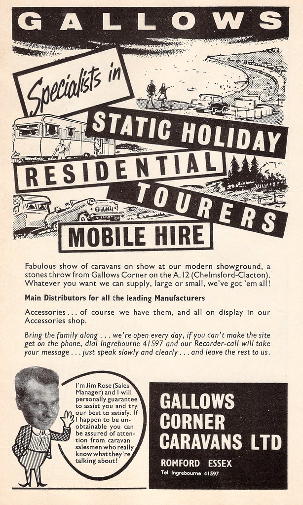 Gallows Corner Caravans, Romford, Essex advert, c1965 Flickr