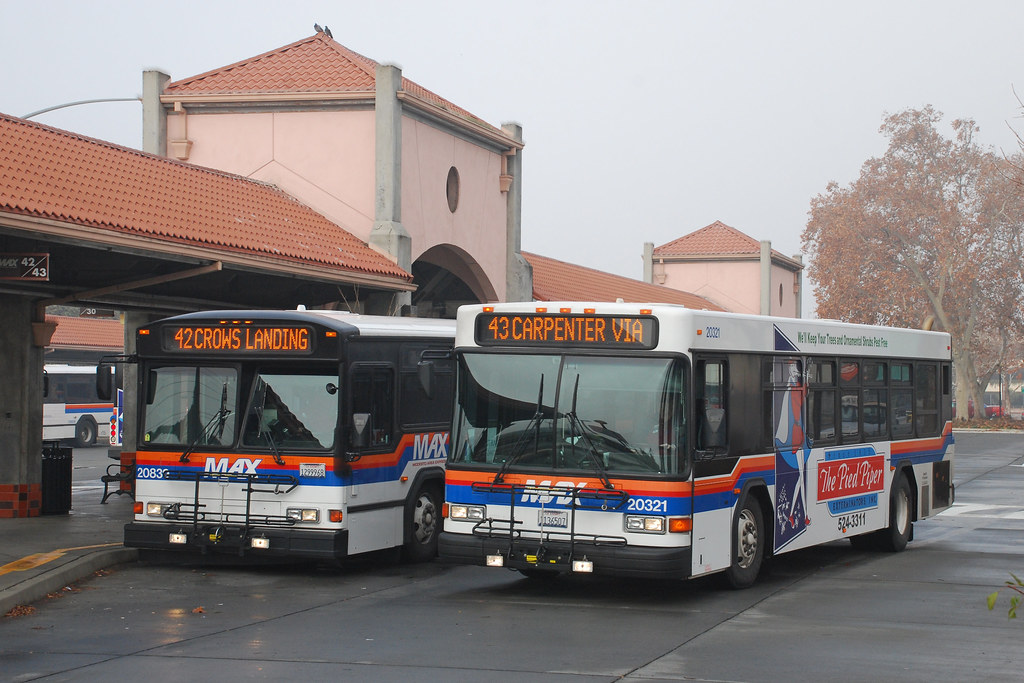 Modesto MAX Gillig Phantom and Gillig Advantage buses of