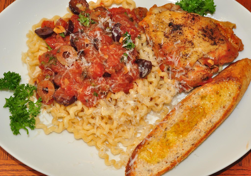 chicken cooked in a vinegar/tomato sauce with fusilli Flickr