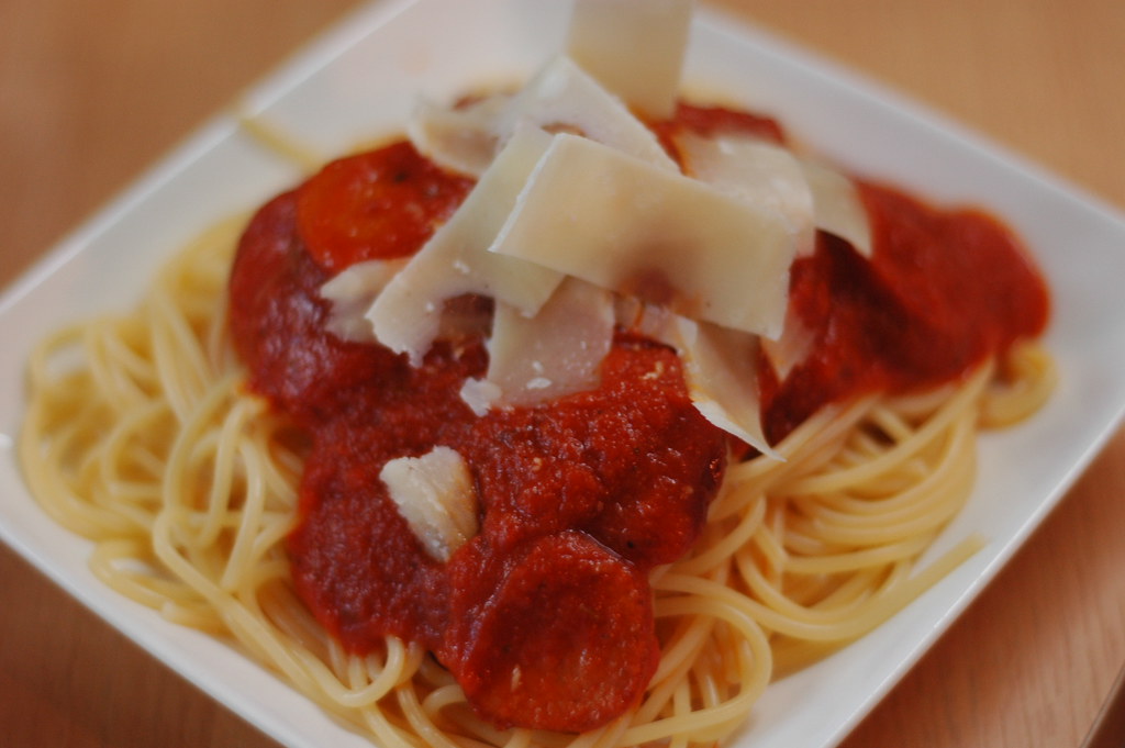 pasta with andouille sausage, tomato sauce and lots of sha… Flickr