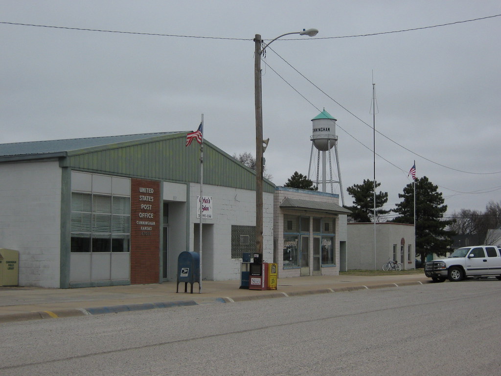 Downtown Cunningham Kansas Post office and water tower. Flickr