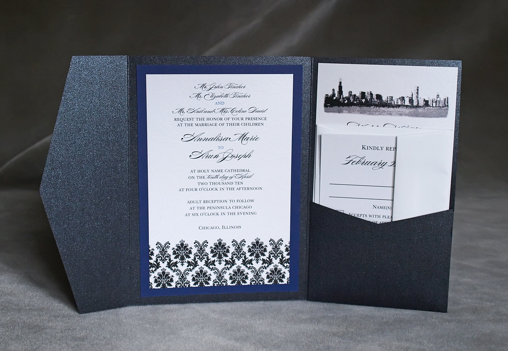Chicago Skyline Damask Pocket Wedding Invitations Blue