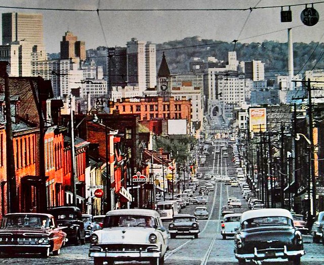 1960s PITTSBURGH Pennsylvania Street 1963 Storefronts American Gas Station Cars Vintage Photo