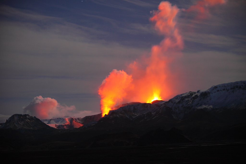 Volcanic eruption in Eyjafjallajoekull, Iceland. The