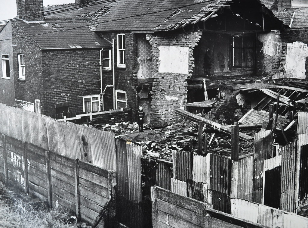 Documentary photograph showing the derelict terraced houses in Hornby