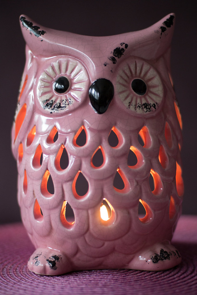 Pink owl candle holder with a burning candle Shot with Ni… Flickr