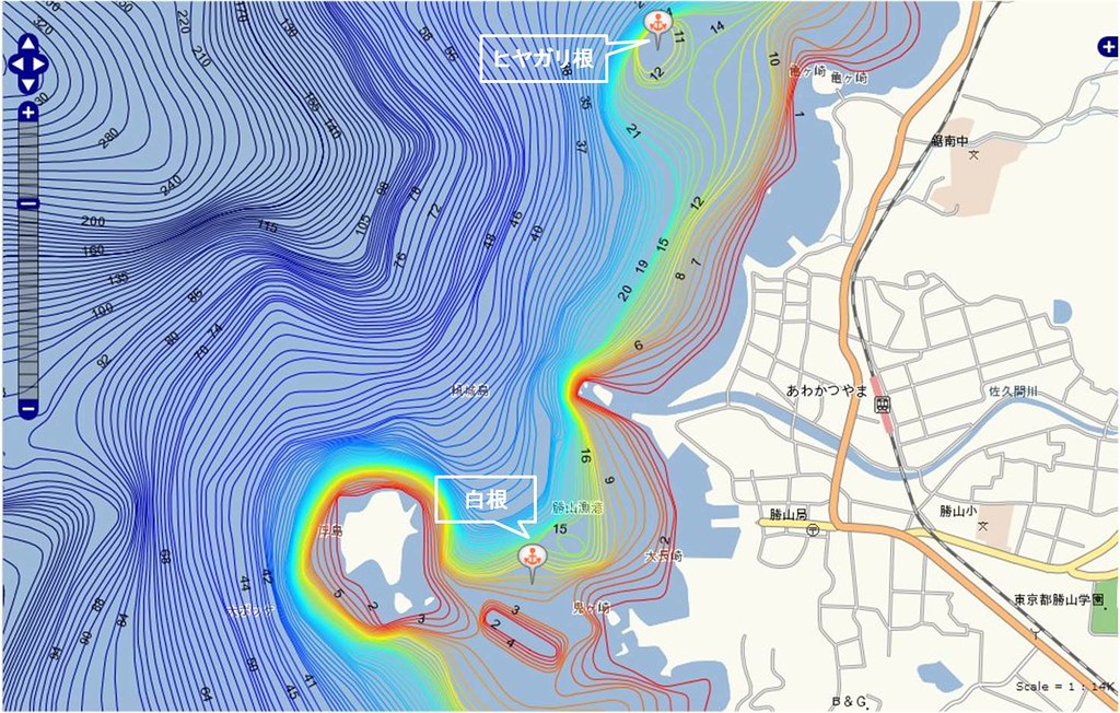 海図(海底地形図)で見る釣りポイント(千葉県、房総半島、勝山) 釣りポイント、千葉県、房総半島、勝山沿岸の「根」 「… Flickr